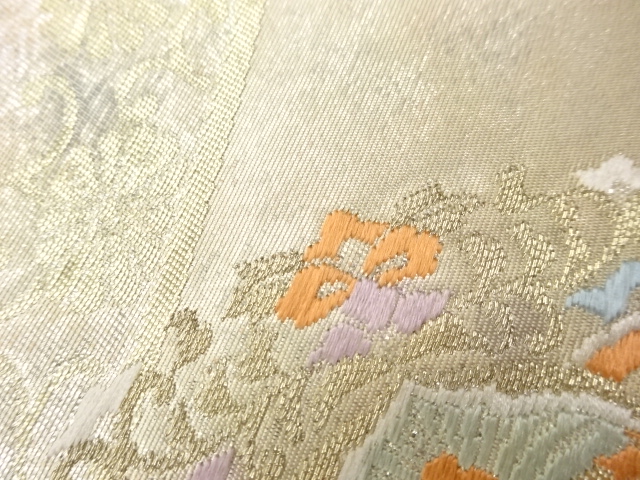  引箔華文に抽象孔雀模様織出し名古屋帯